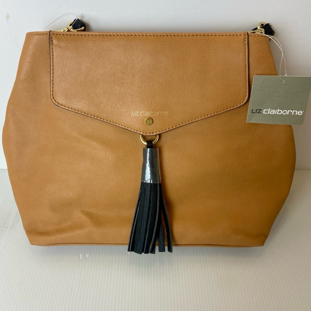 Liz Claiborne Clementine Faux Leather Camel Shoulder Bag with Black Tassel Purse